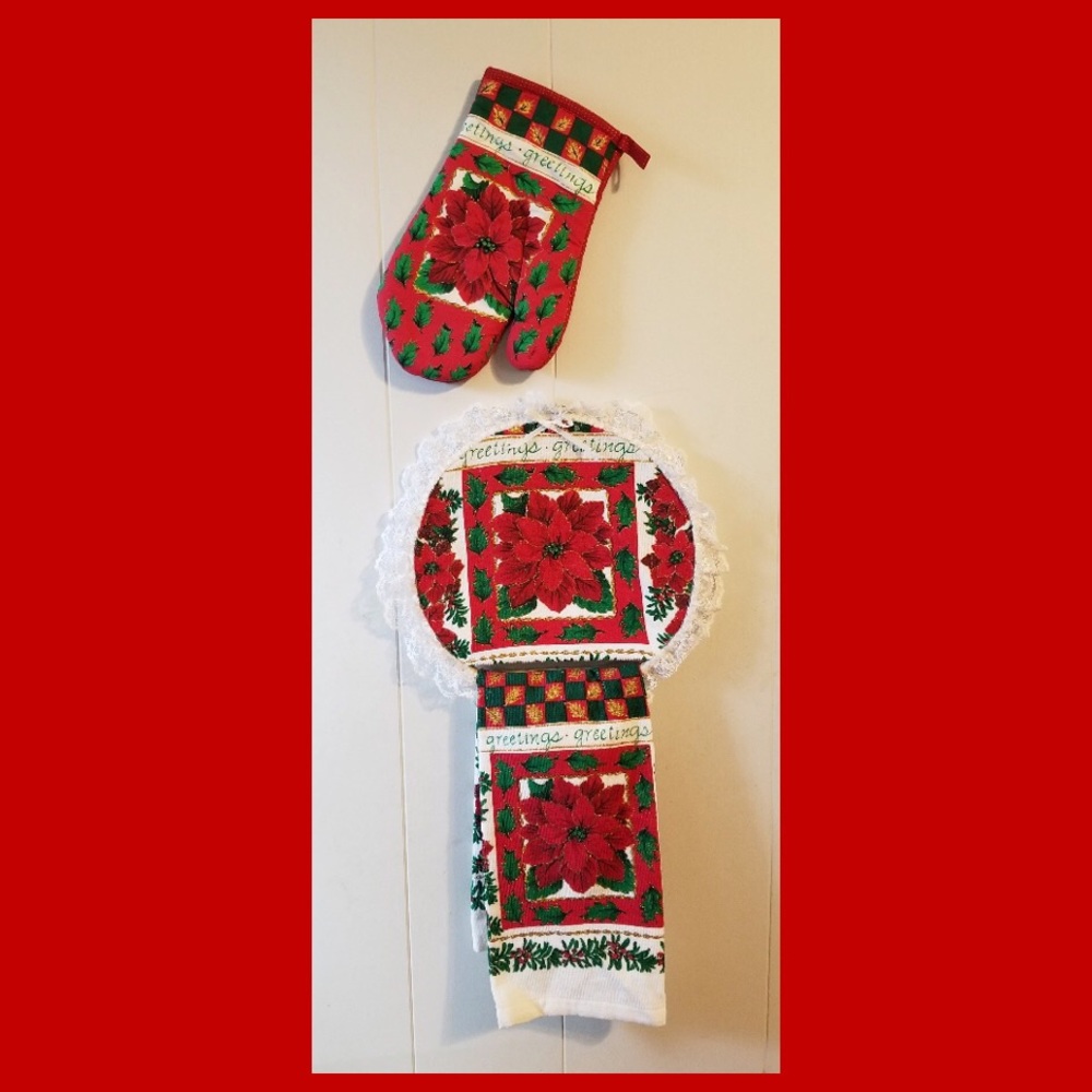 🌺Vintage 90s Christmas Poinsettia Print 3 piece Kitchen Linen Holiday Decor Set